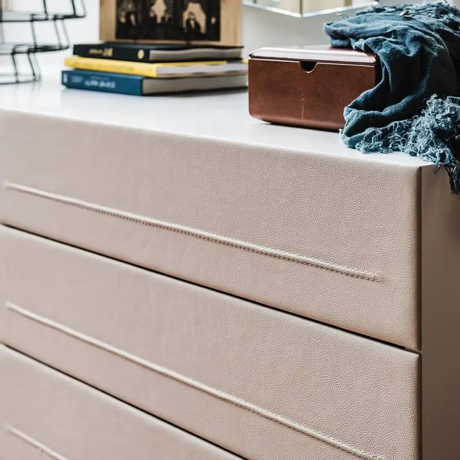 Superior Cattelan Italia Dyno dresser with light beige textured eco-leather and stitched drawer detailing