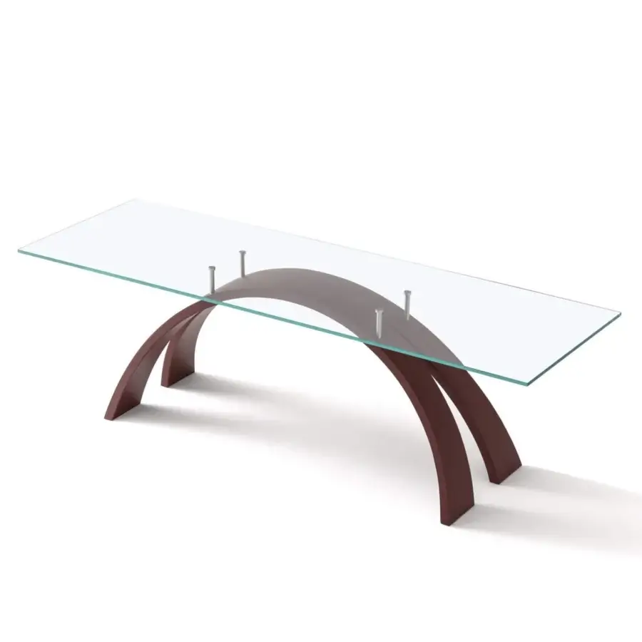 Elegant OAK Archie table with clear rectangular glass top and reddish-brown arched base covered in precious leather