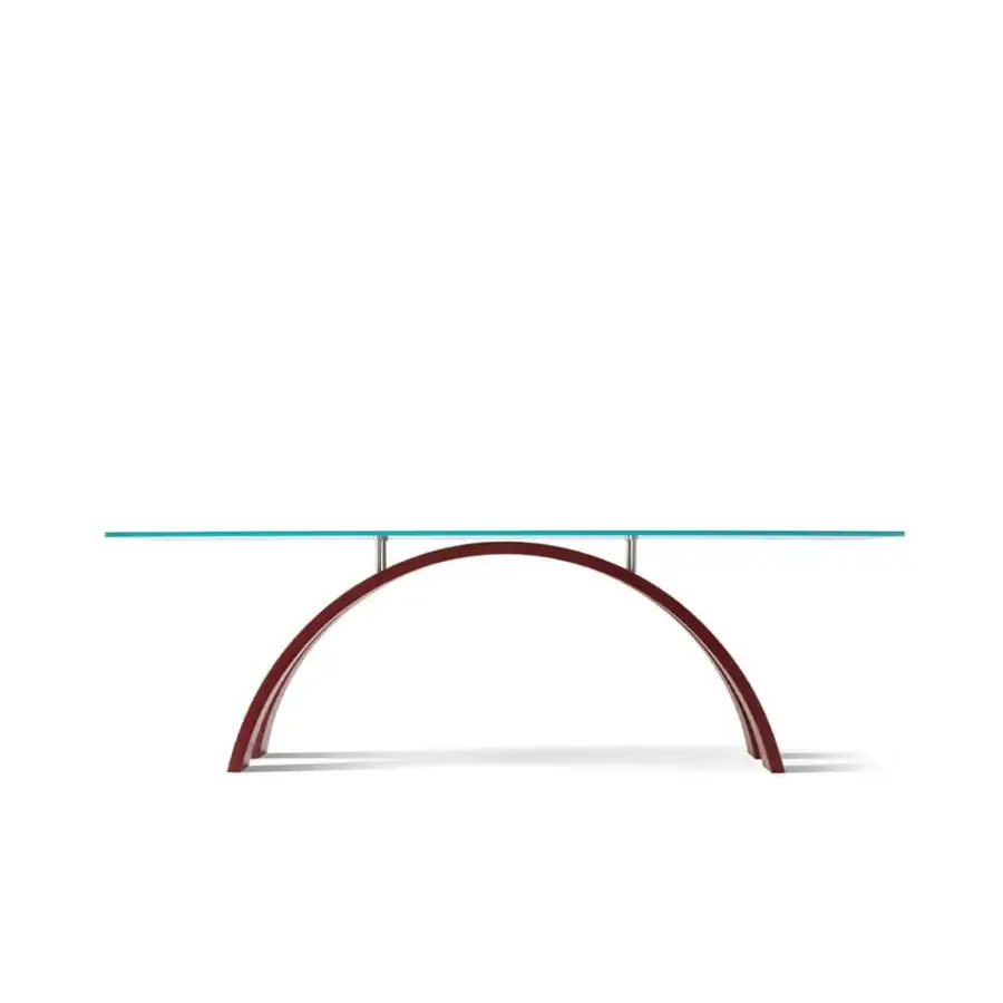 Distinguished OAK Archie table with curved dark red wood base supporting glossy glass and metal posts