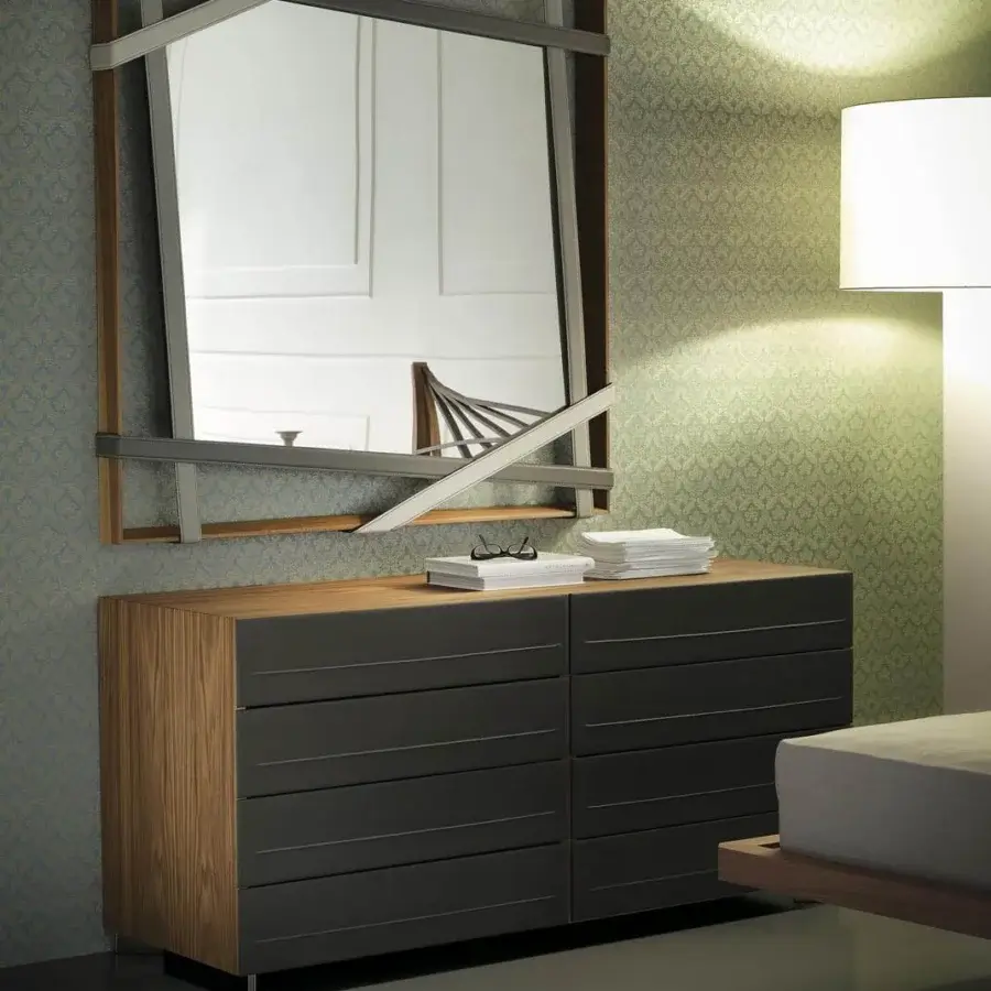 Distinguished Cattelan Italia Dyno dresser with dark gray leather drawer fronts and light brown wood frame