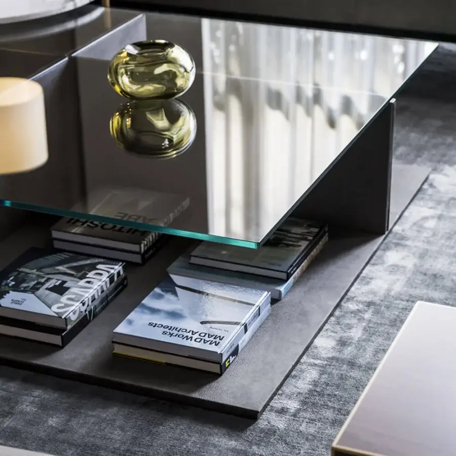 Superior OAK Assolo coffee table with a sleek square extra clear glass top and angular dark gray matte wood base