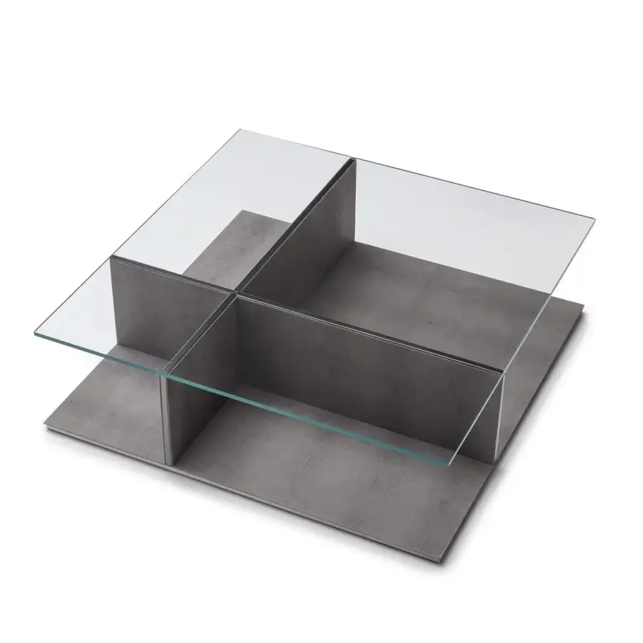 Distinguished OAK Assolo coffee table with extra clear glass and uniquely structured wood base in uniform medium gray with textured matte finish