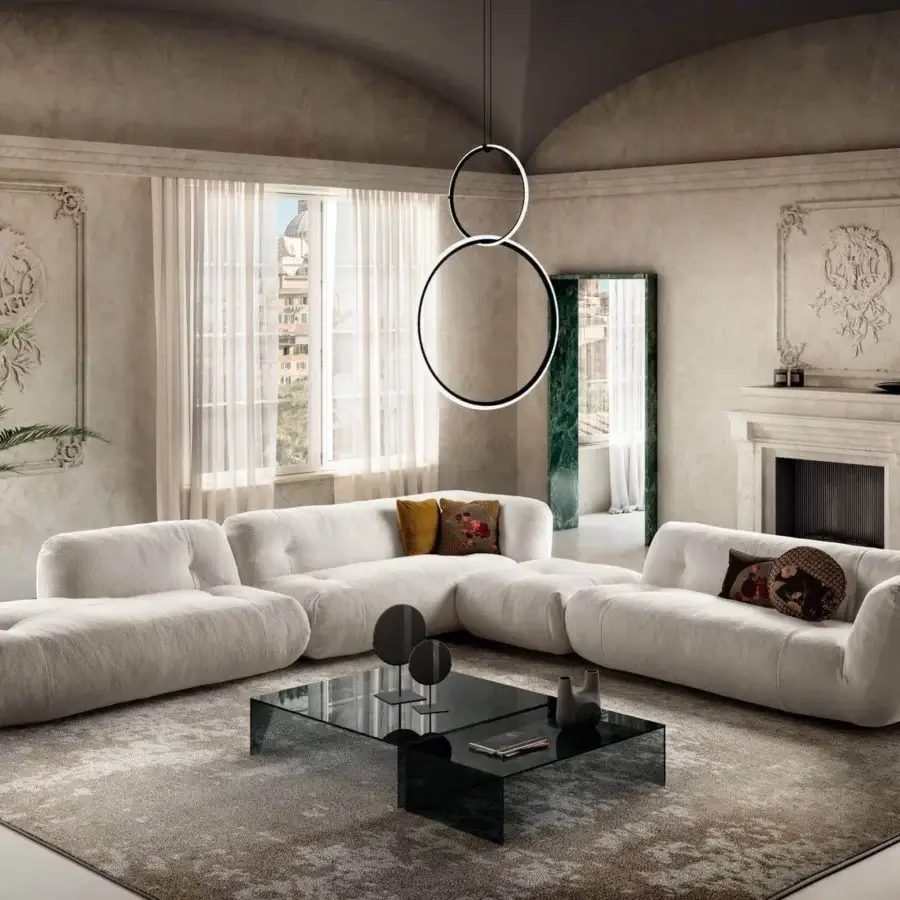 Innovative Lago UpGlass coffee table with a sleek black glass top and transparent geometric supports crafted in Italy