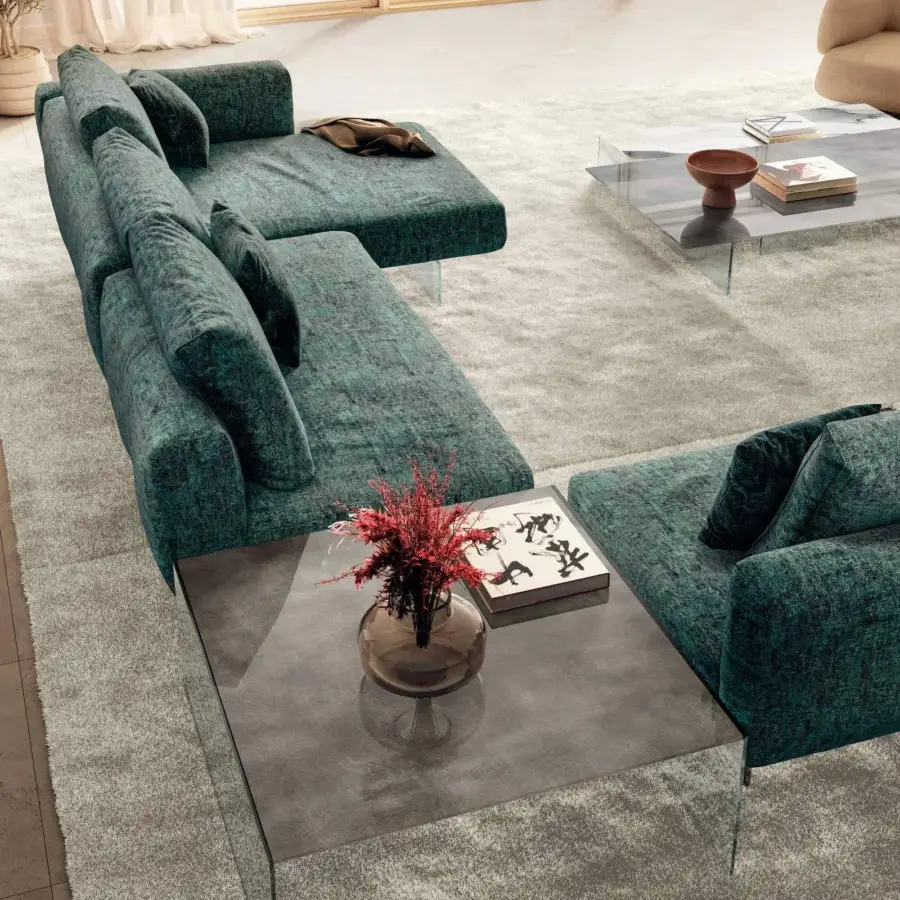 Exceptional Lago UpGlass coffee table with grey XGlass tabletop and transparent glass legs creating a striking contrast