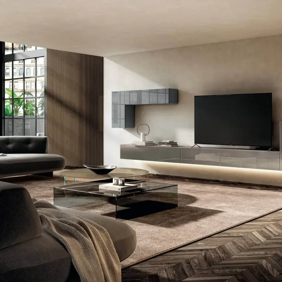 Superior Lago UpGlass coffee table with smoky gray glass top and see-through glass supports showcasing refined Italian workmanship