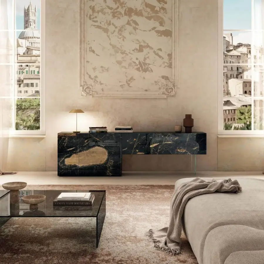 Distinguished Lago UpGlass coffee table with transparent smokey gray glass top and XGlass textures built with a 45-degree cut