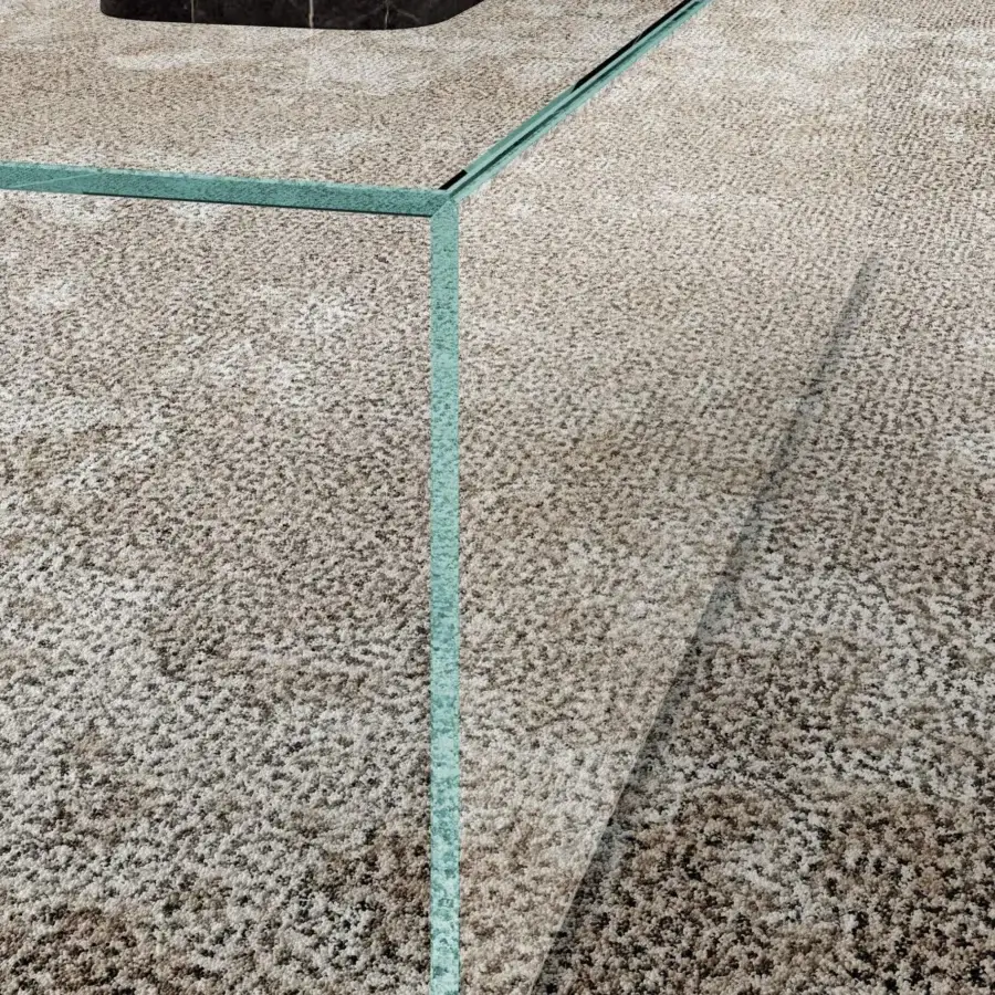 Innovative Lago UpGlass coffee table built in glass with transparent legs and slight greenish tint