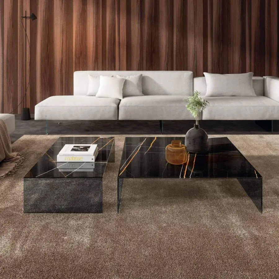 Distinguished Lago UpGlass coffee table crafted in glass with dark marble-like veining and a simple base