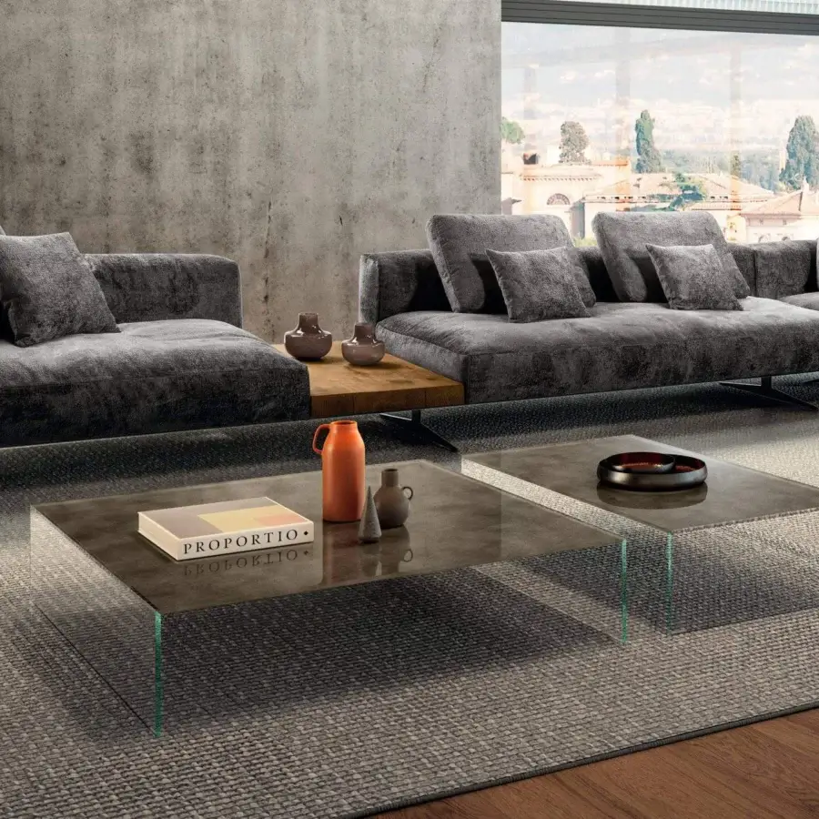 Exceptional Lago UpGlass coffee table built in glass with transparent legs and dark gray-brown matte finish