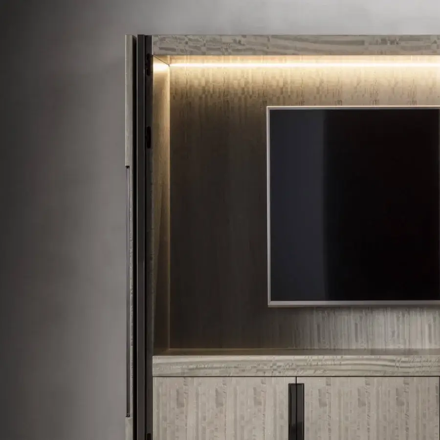 Distinguished OAK Canzone TV cabinet with light striated wood and dark grain, including folding doors and integrated internal lighting