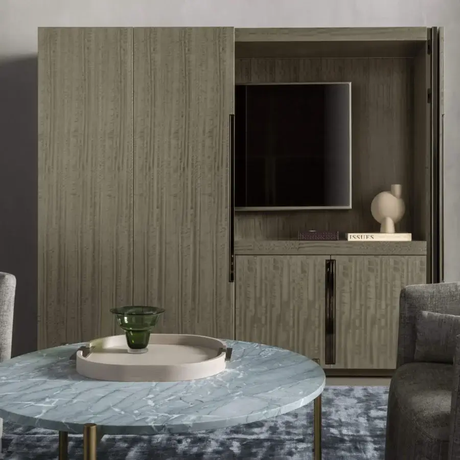 Elegant OAK Canzone TV cabinet with folding doors, painted metal handles and textured matte grayish-beige wood finish