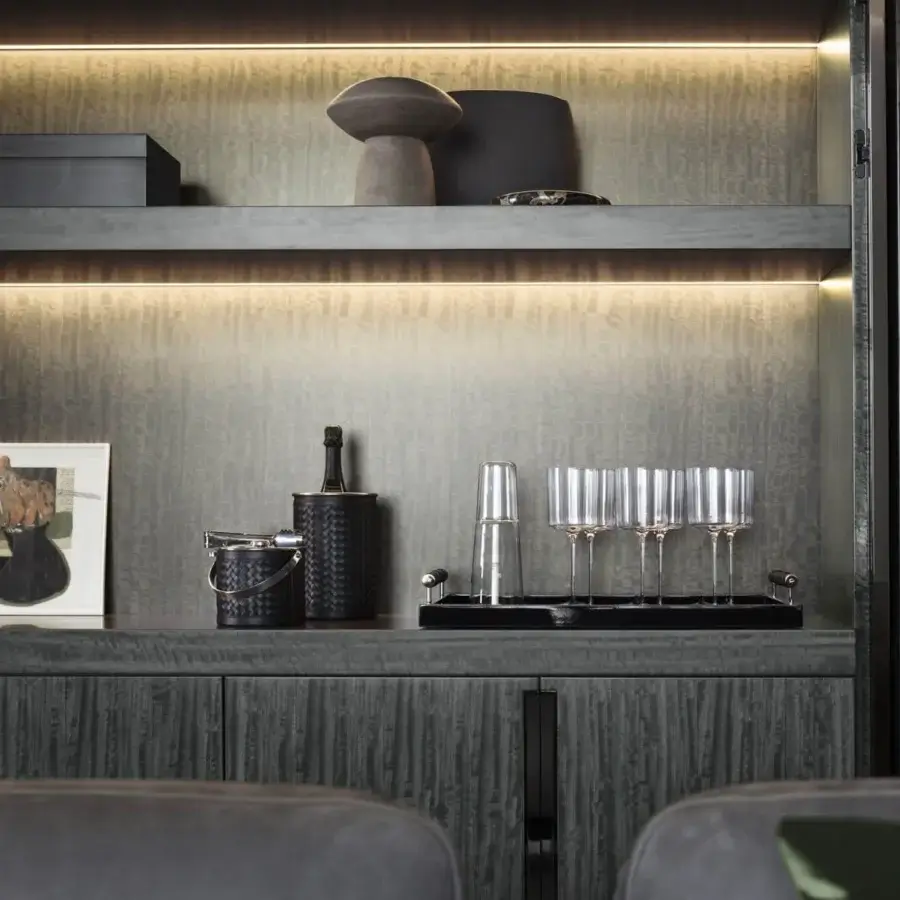 Superior OAK Canzone TV cabinet with dark gray textured stain, folding doors and painted metal handles, illuminated open shelving