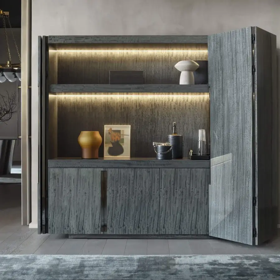 Distinguished OAK Canzone TV cabinet with textured gray wood finish and integrated touch-activated lighting within open shelving