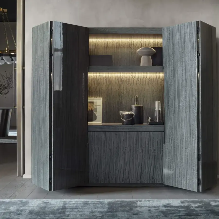 Elegant OAK Canzone TV cabinet with muted gray-blue finish and textured wood grain, built with touch-lit shelves and painted metal handles