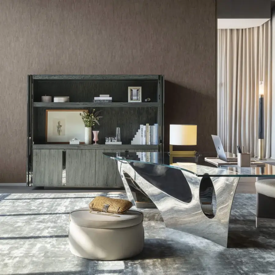 Distinguished OAK Canzone TV cabinet with grey-toned wood and folding doors, built with painted metal handles and internal lighting