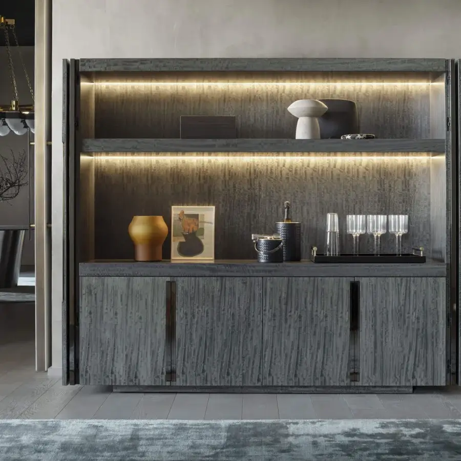 Superior OAK Canzone TV cabinet with gray wood finish, four doors and painted metal handles with subtle internal lighting