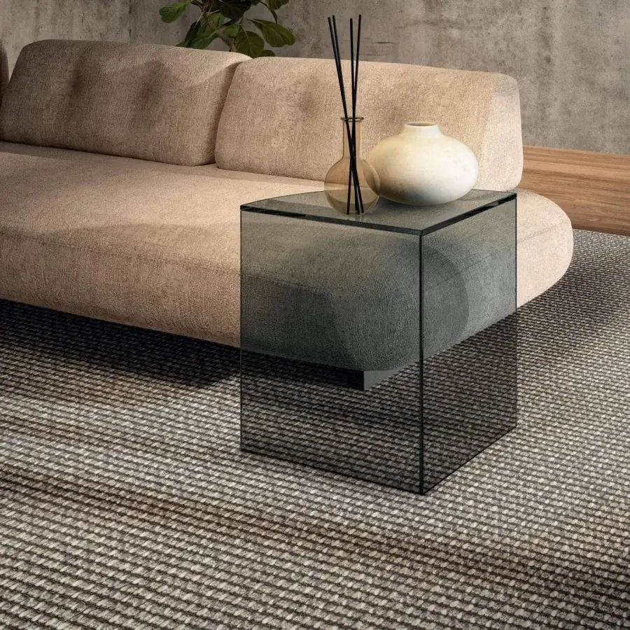 Distinguished Lago Snip side table crafted in tempered-glass with a dark matte finish expressing stability