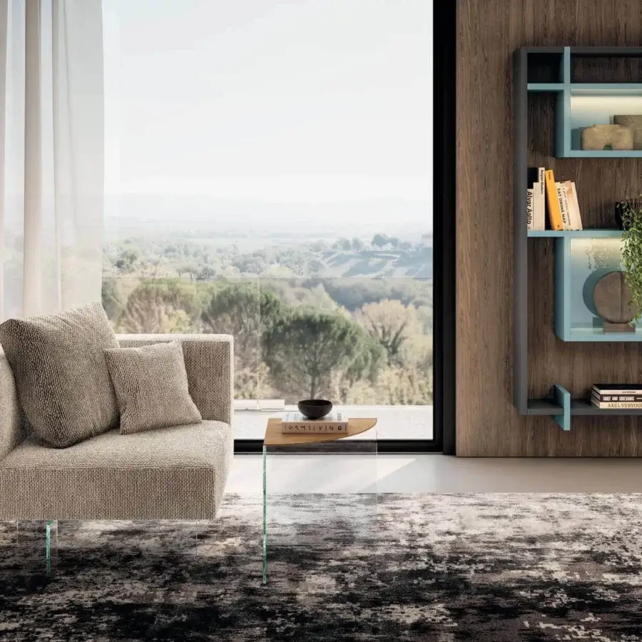 Elegant Lago Snip side table built in light brown wood with clear tempered glass tabletop and supporting legs