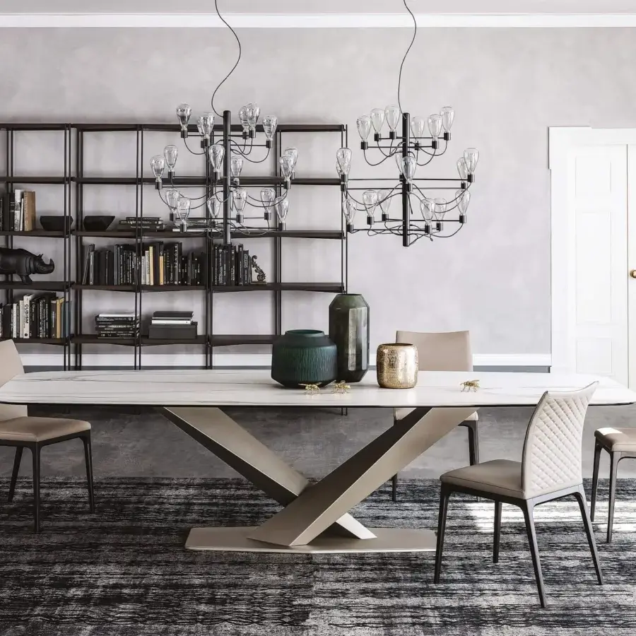 Exclusive Cattelan Italia Stratos table with Marmi Alabastro ceramic top and titanium embossed lacquered steel base in a light brown hue