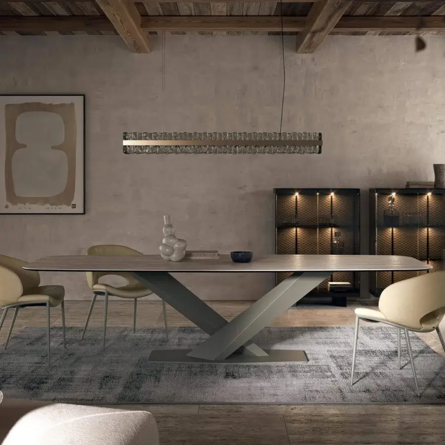 Distinguished Cattelan Italia Stratos table with Marmi Ardesia ceramic top and graphite embossed lacquered steel base