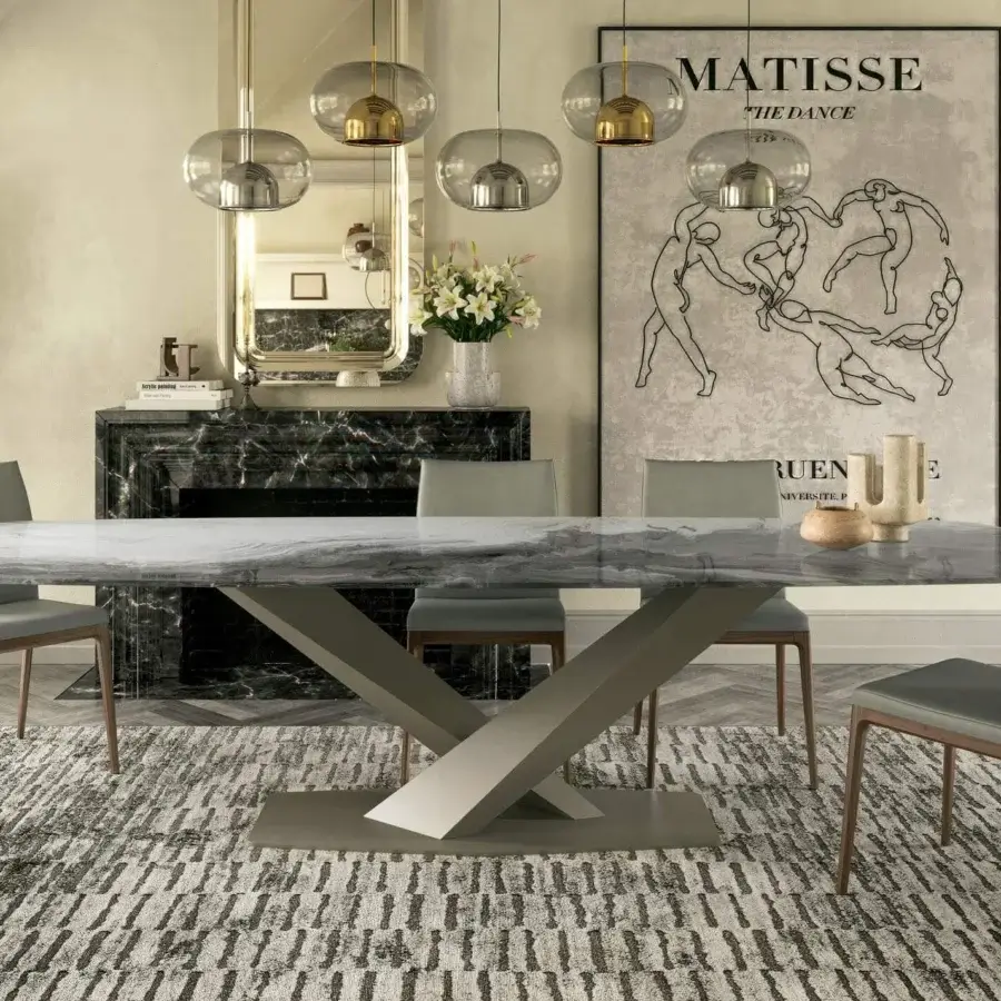 Elegant Cattelan Italia Stratos table with beveled glass top displaying gray and white veining in glossy finish and titanium embossed lacquered steel base