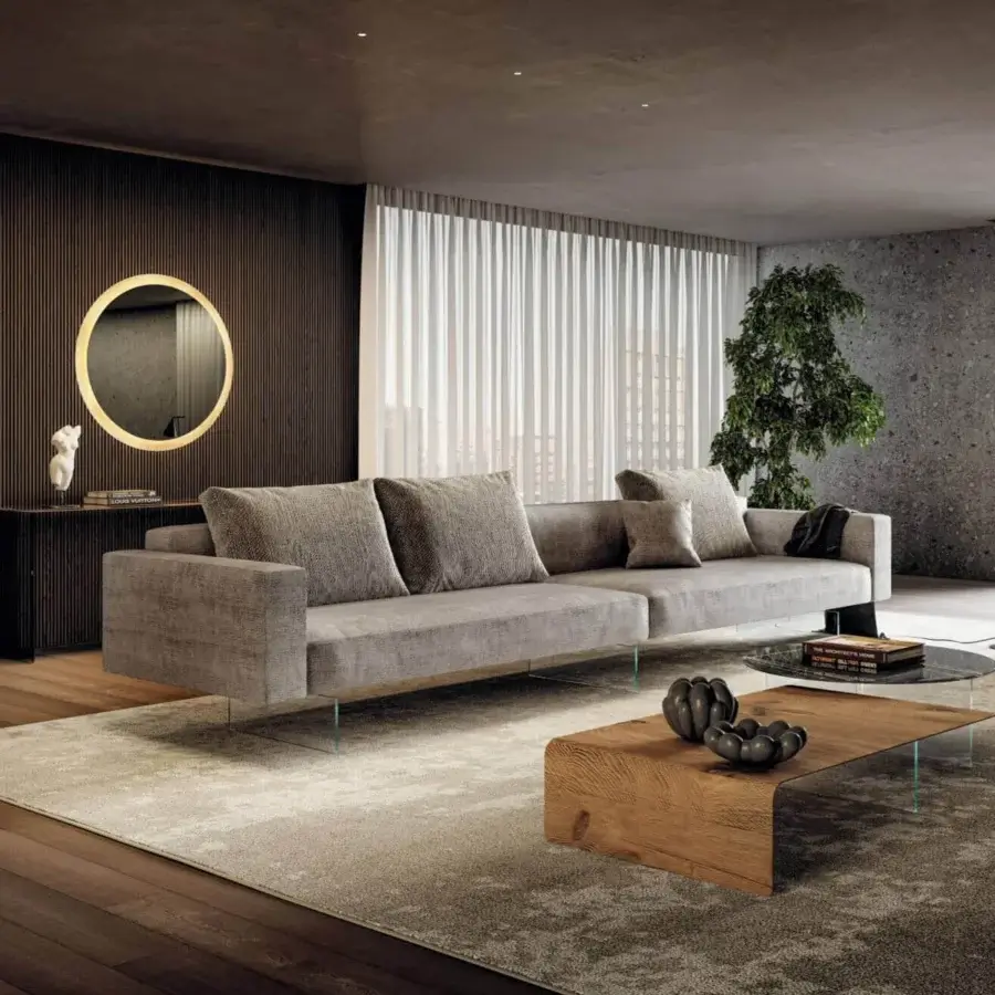 Superior Lago Air sofa with a modular build and transparent tempered glass legs upholstered in grey textile