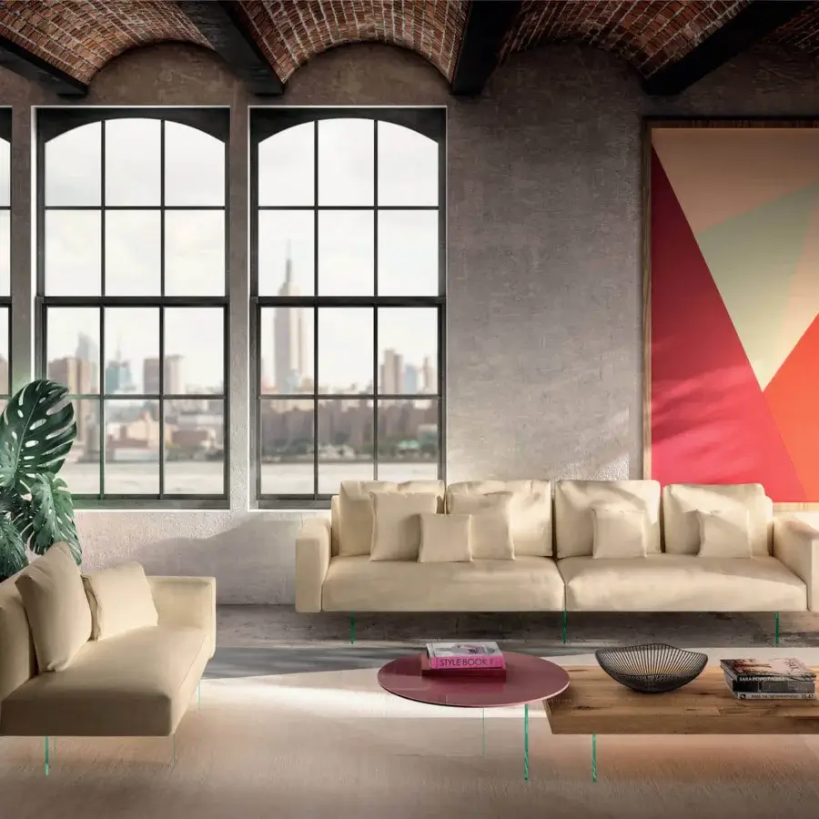 Superior Lago Air sofa with a modular design upholstered in light beige textile and smooth matte finish