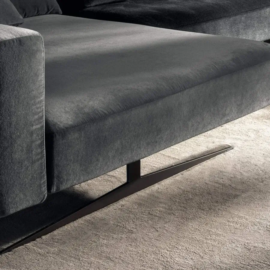 Exceptional Lago Air sofa with a modular build upholstered in smooth matte dark gray textile with sleek dark metal legs