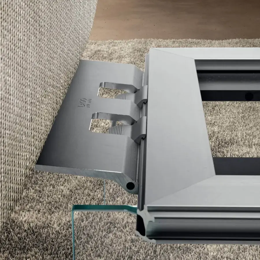 Superior Lago Air sofa with modular comfort built upon extra-clear tempered glass legs and a sleek metal frame upholstered in light gray fabric