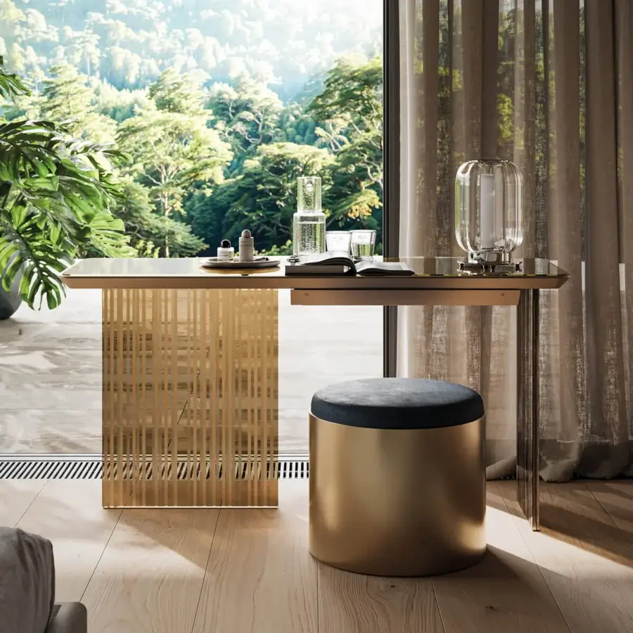 Distinguished Reflex Monolite desk with bronze Marmoreflex/Legnoreflex top and smoked-grey glass leg, supported by latticed London engravings and stool