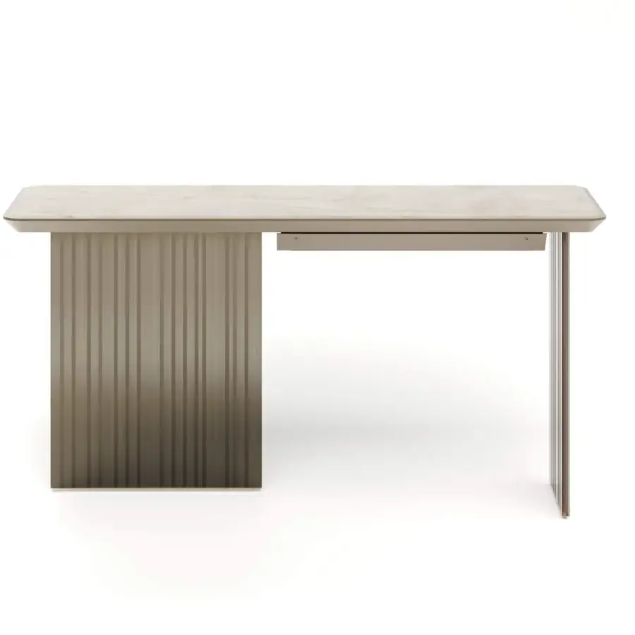 Exceptional Reflex Monolite desk with light beige Legnoreflex top, smoked-grey glass legs displaying London engravings and bronze finished drawer