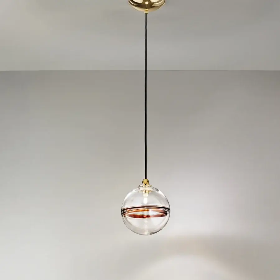 Distinguished Vistosi Oro suspension lamp in crystal glass with black nickel metal and amber membrane accents