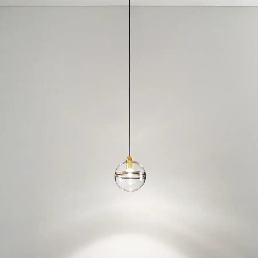 Exclusive Vistosi Oro suspension lamp in clear crystal glass with glossy brass metal parts and black cable