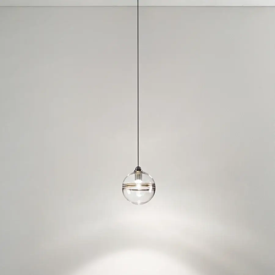 Superior Vistosi Oro suspension lamp in crystal glass with black nickel metal parts and a defining horizontal band