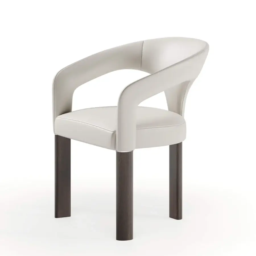 Exclusive Reflex Volta armchair upholstered in smooth off-white leather with Oakwood Henné finished legs and shiny steel detail