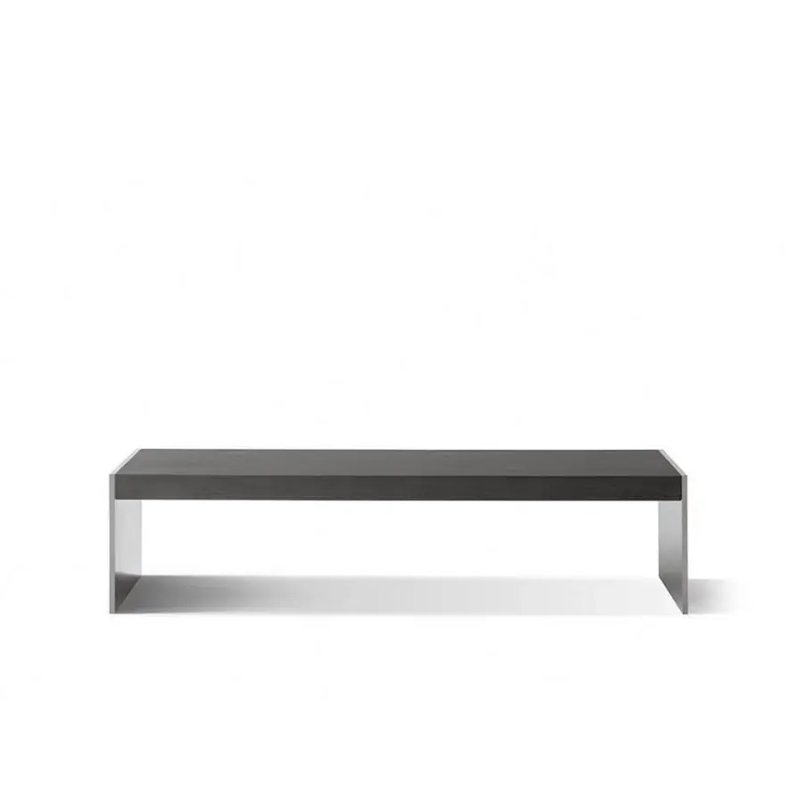 Distinguished OAK Ritornello console with rectangular tabletop and sleek metal support panels in charcoal gray finish