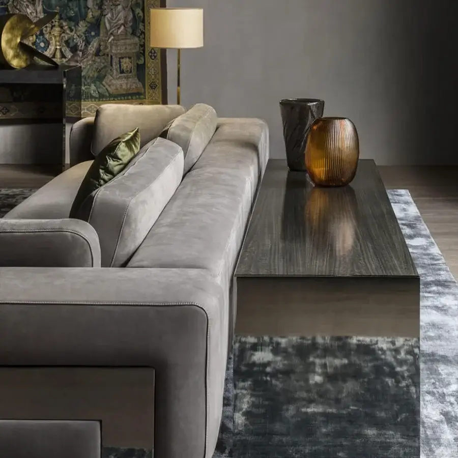 Distinguished OAK Ritornello console with rich wood top and minimalist design in muted metallic finish