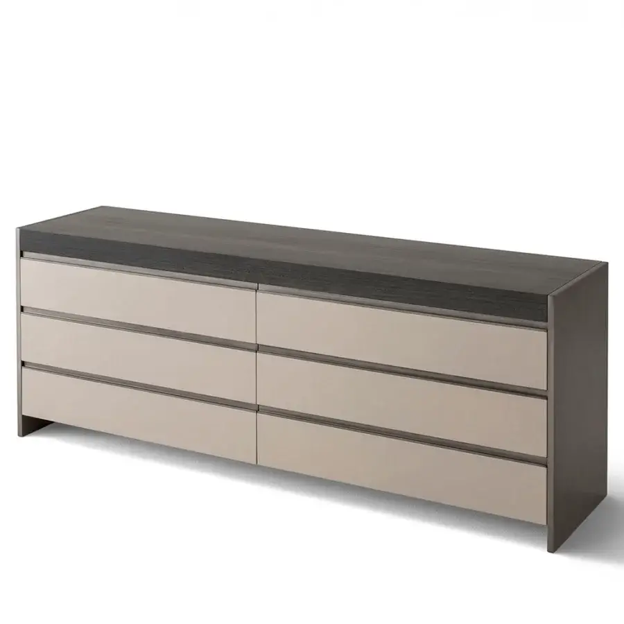 Superior OAK Ritornello sideboard with six leather-covered drawers built within a wood structure and dark gray-brown top