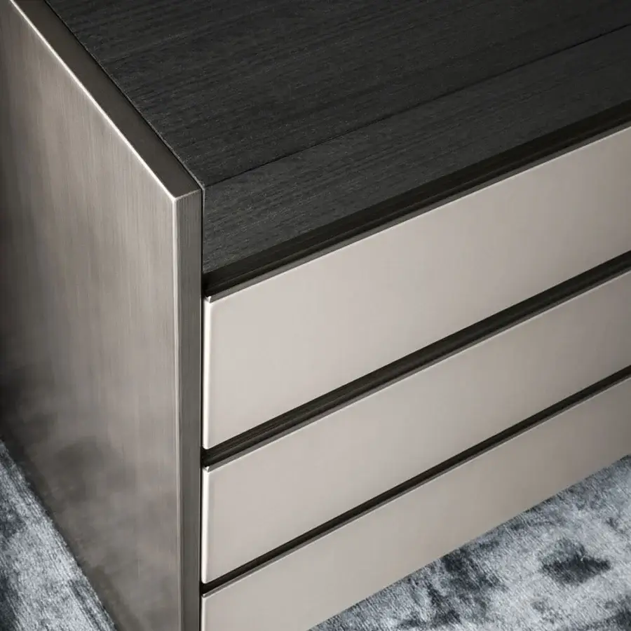 Exceptional OAK Ritornello sideboard with six leather-covered drawers built within a wood structure and brushed metal framing