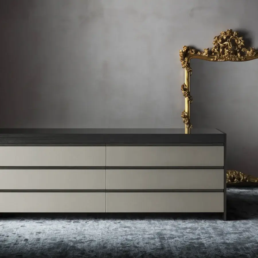Superior OAK Ritornello sideboard with six leather-covered drawers built within a wood structure and matte finish