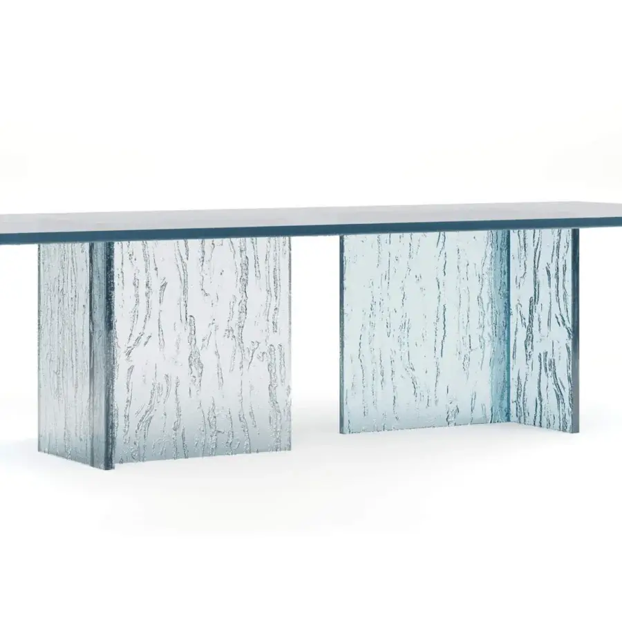Distinguished Reflex Laguna table with a rippled, bluish-grey glass top and handcrafted glass bases built in Italy