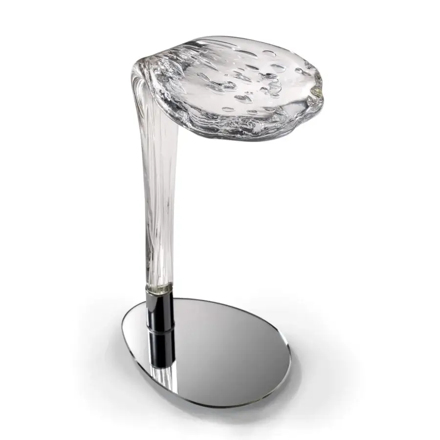 Distinguished Reflex Loto table with transparent Murano glass showcasing bubble inclusions and a shiny steel support