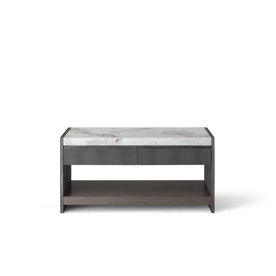 Superior OAK Ritornello sideboard with white marble and dark grey leather drawers, built in gray eucalyptus wood
