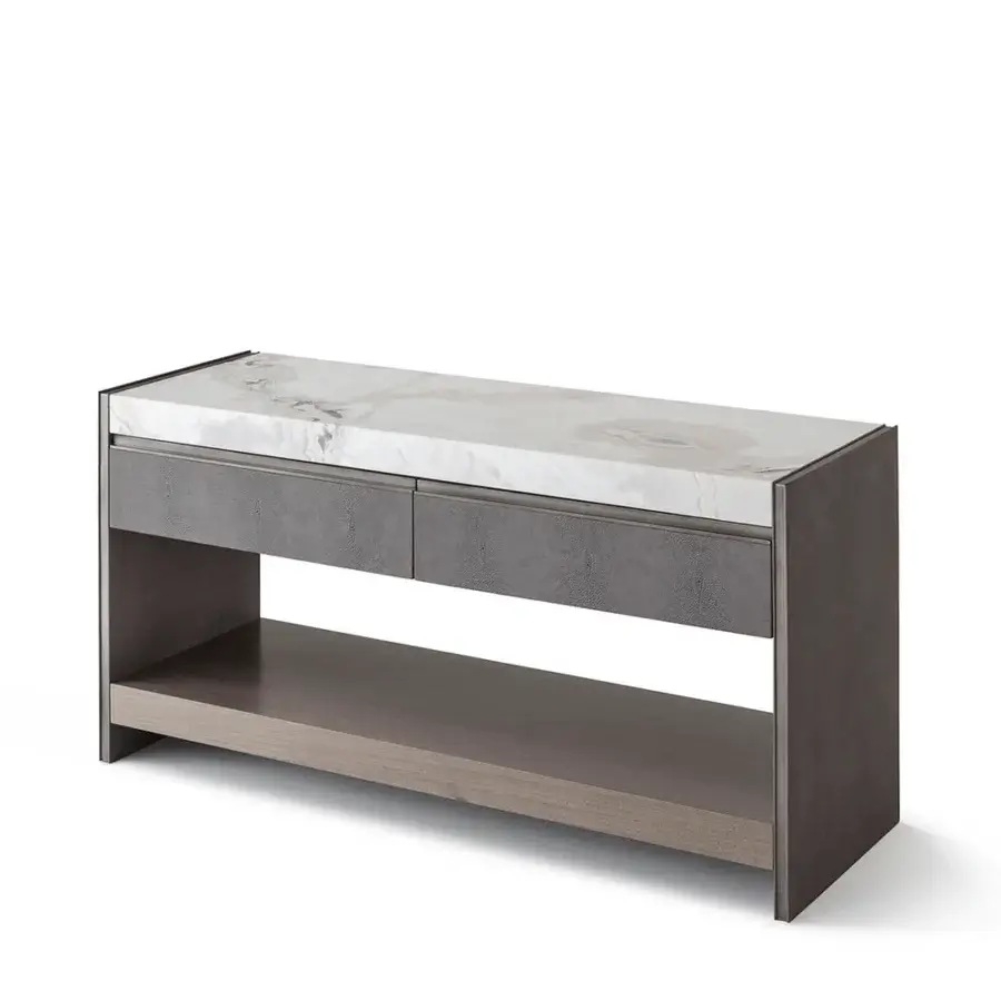 Elegant OAK Ritornello sideboard with dark gray textured wood, white marble, and dark gray leather drawers in gray eucalyptus