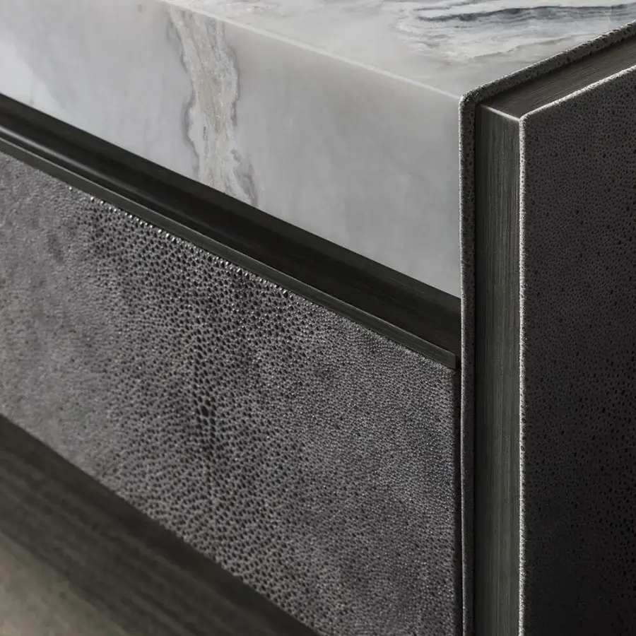 Sophisticated OAK Ritornello sideboard with dark gray leather drawers and a white marble top