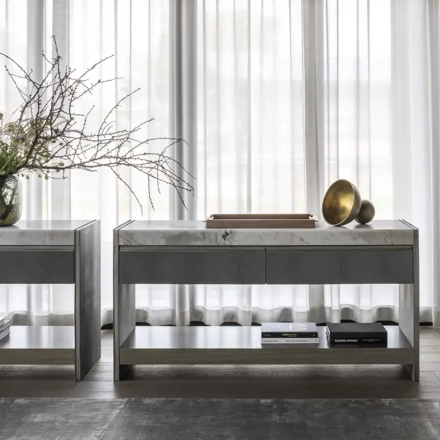 Superior OAK Ritornello sideboard with light marble, dark gray leather drawers and gray eucalyptus shelf in a matte finish