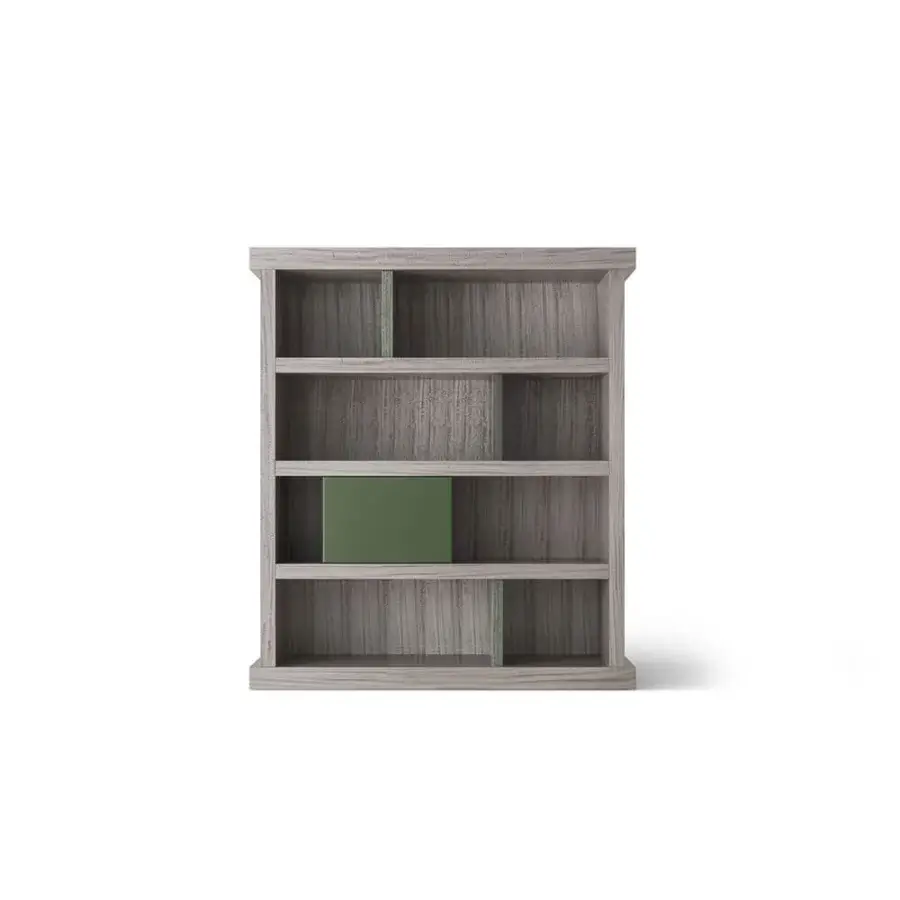 Distinguished OAK Pentagramma bookcase with grey eucalyptus construction and textured finish illuminated by integrated LED lighting