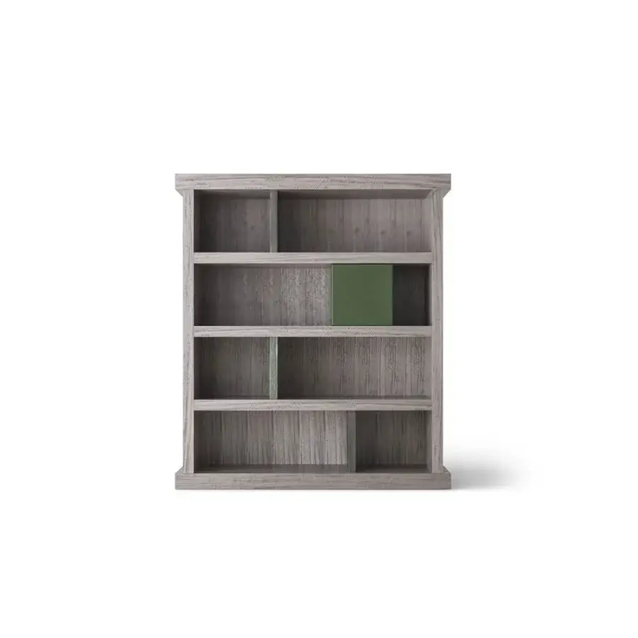 Exceptional OAK Pentagramma bookcase with grey eucalyptus and green ebony partitions in a matte finish illuminated by integrated lighting