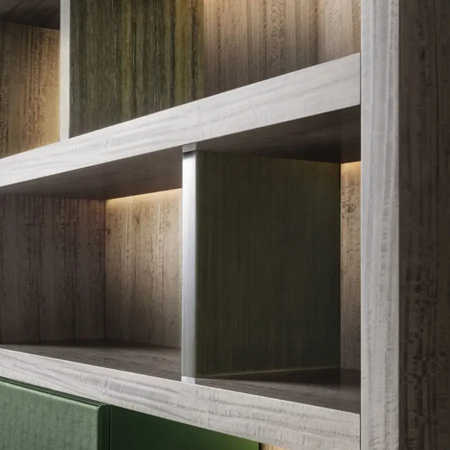Superior OAK Pentagramma bookcase with grey eucalyptus construction and textured green panels illuminated by integrated lighting