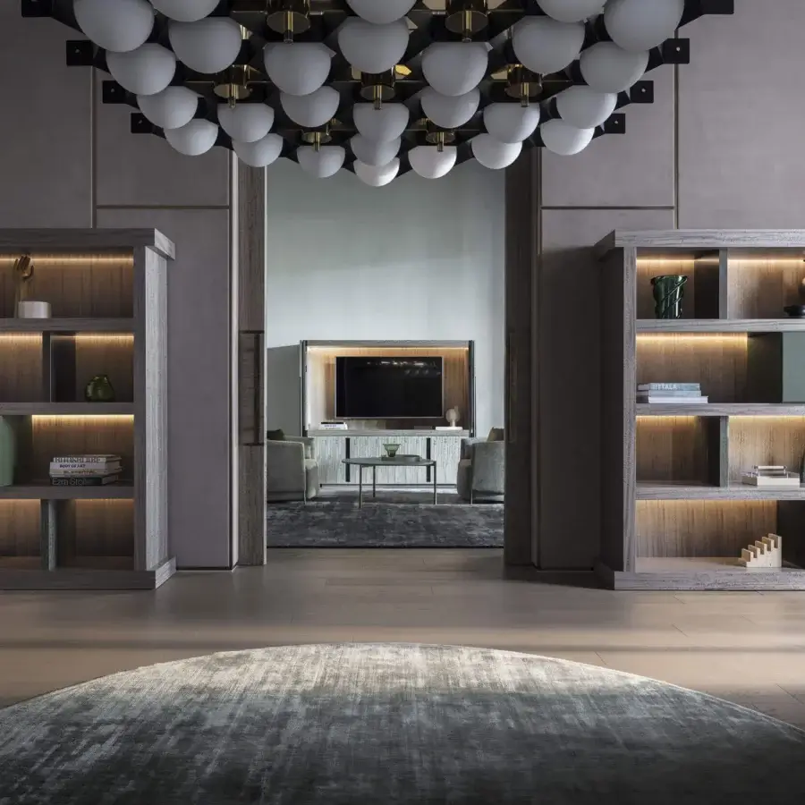 Distinguished OAK Pentagramma bookcase in grey eucalyptus with integrated LED lighting and light gray matte finish